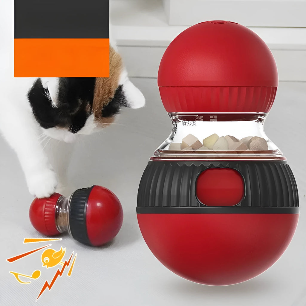 Rotating plastic cat toy with sound features and treat openings measuring 155mm with super ball accessory