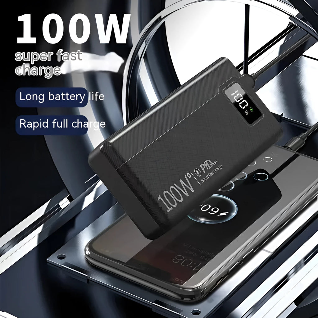 Black and white large capacity power bank with fast charging support, showing size scale.