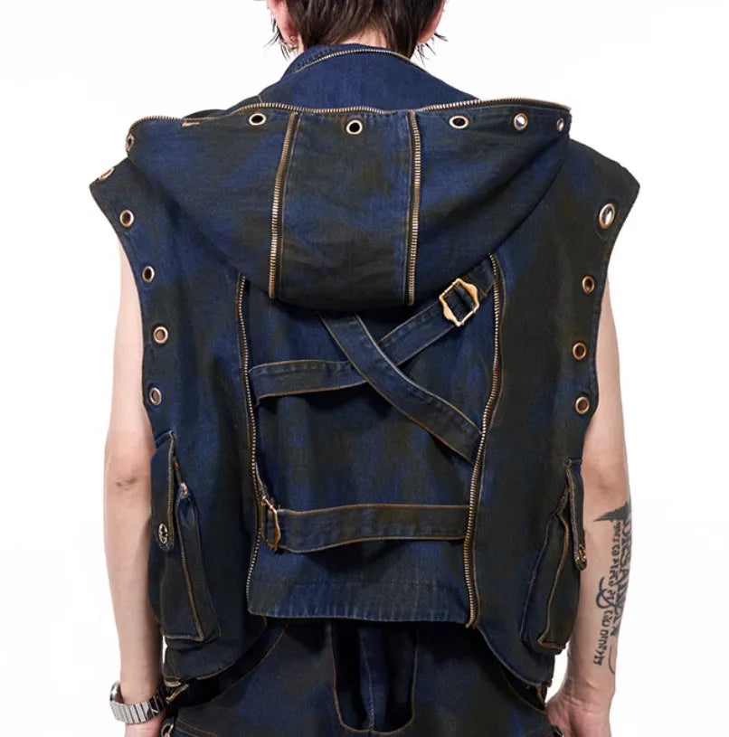 Men's blue hooded denim vest coat with matching trousers, Korean style two-piece set