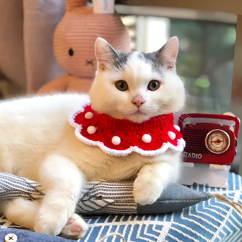Handmade wool knitted pet collar with cartoon pattern for cat, dog, or rabbit.