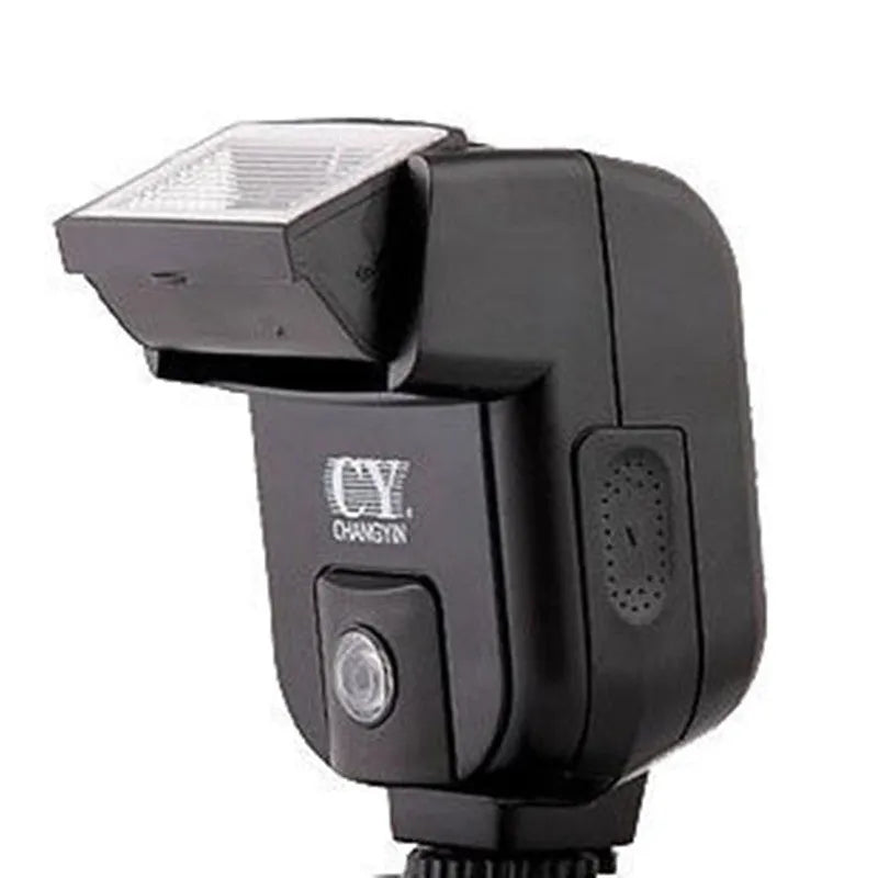 SLR camera flash accessory showing 90-degree upward rotation capability and compact design