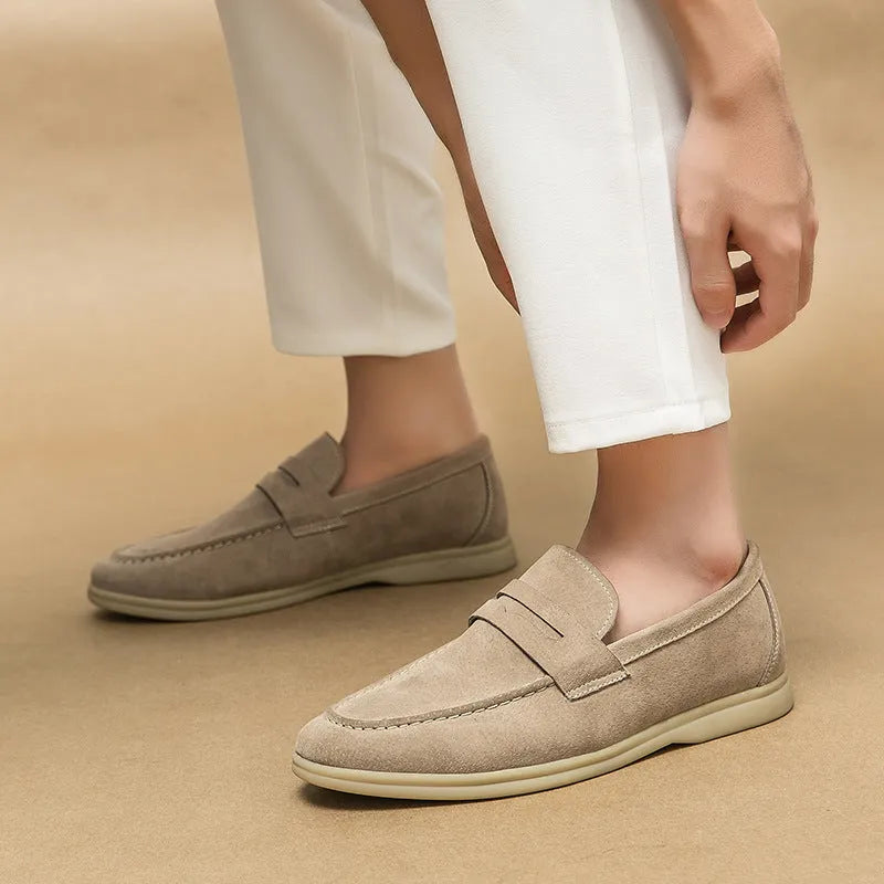 Men's leather slip-on shoes with rubber sole and round-toe design in black, beige or khaki