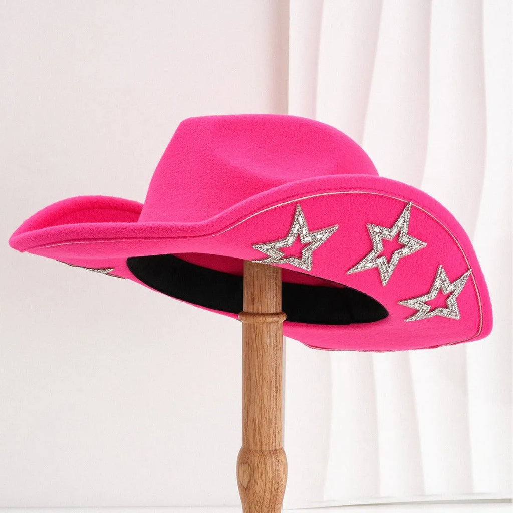 Polyester felt Western denim top hat with conical crown and hexagonal star detail in beige colour