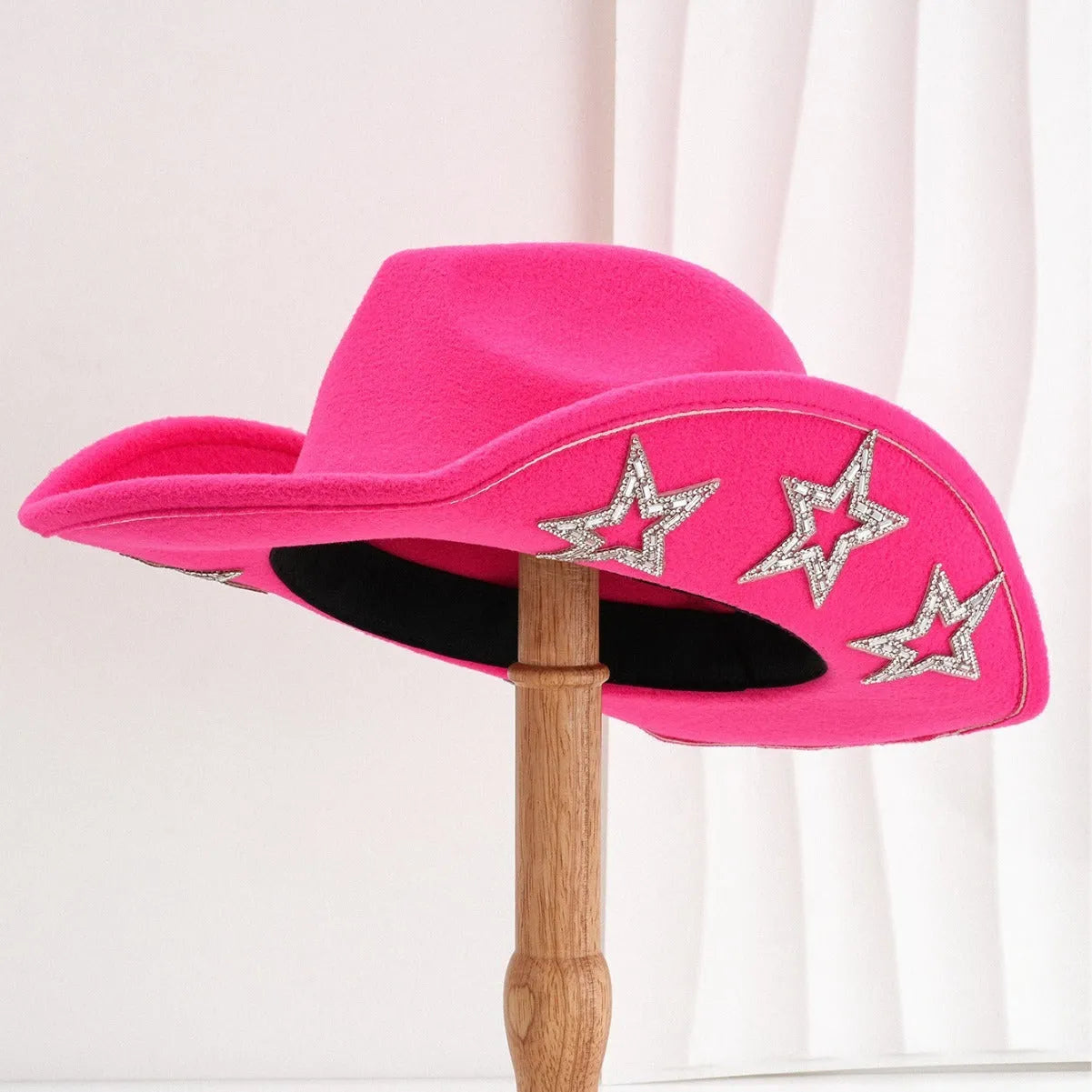 Polyester felt Western denim top hat with conical crown and hexagonal star detail in beige colour