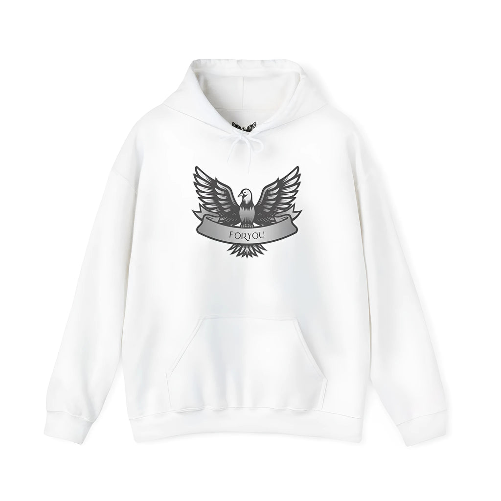 A solid colour hooded pullover hoodie for men and women, shown in a cotton blend fabric.