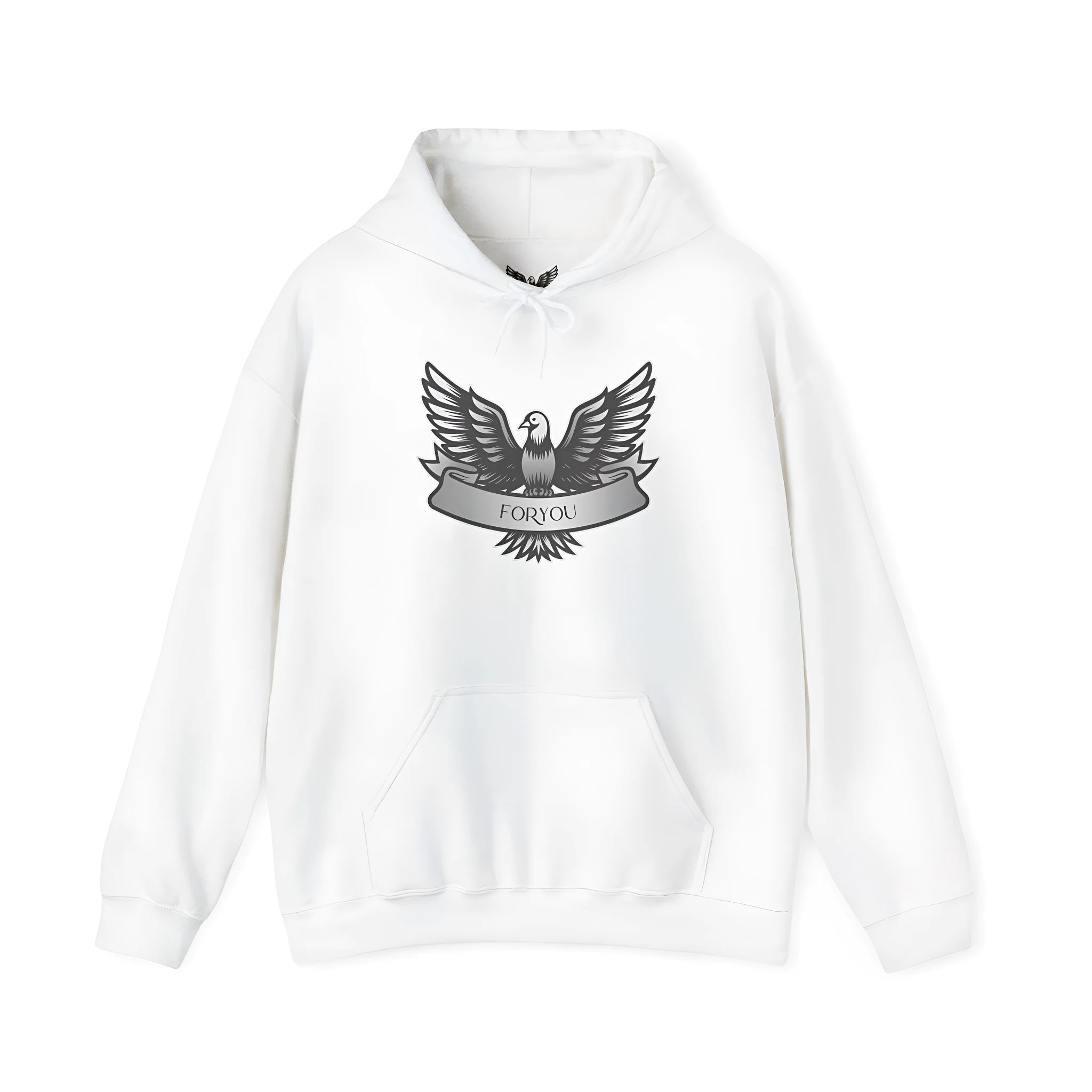 A solid colour hooded pullover hoodie for men and women, shown in a cotton blend fabric.