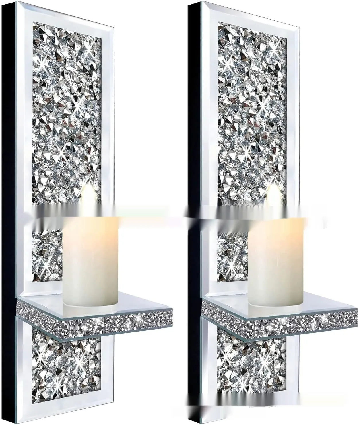 Pair of tall silver mirror glass wall-hanging candle holders with modern crystal design.
