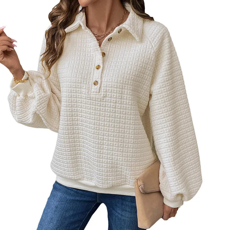 Women's milky white polo collar sweater with long sleeves and a solid colour texture.