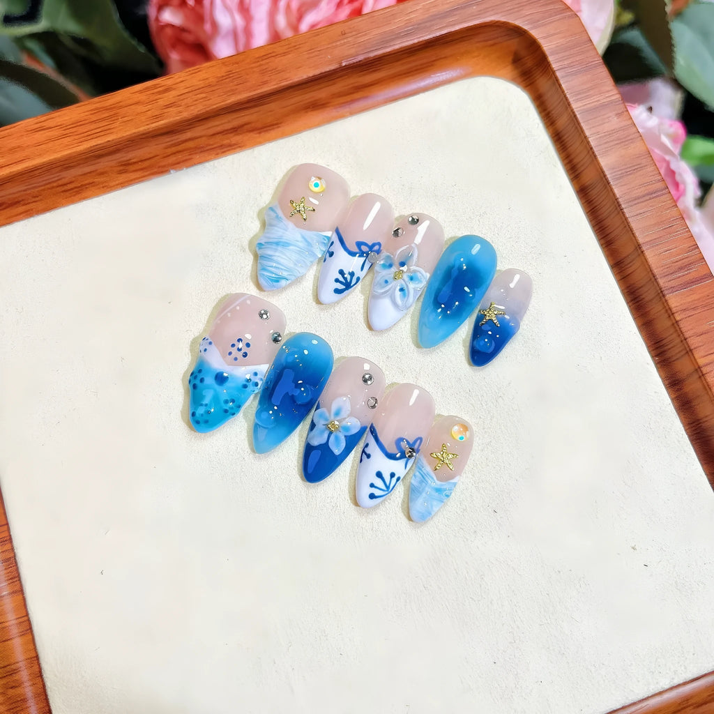 Blue hand-painted carved summer ice transparent fake nails plastic wearable armour sizes XS S M L