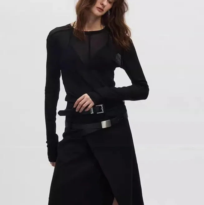 Black mesh see-through slim-fit PU pullover with long sleeves and round collar