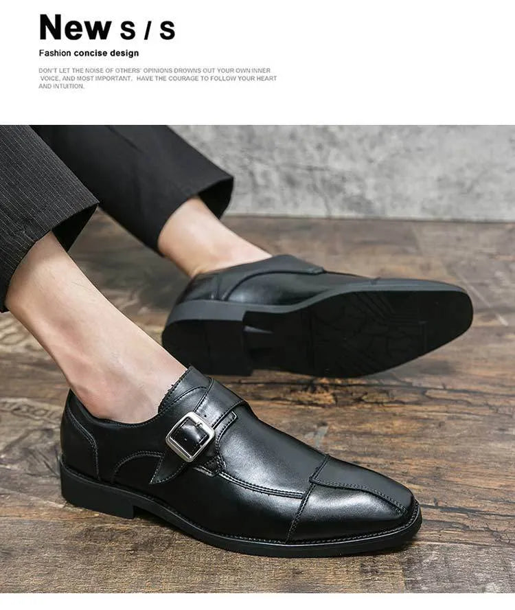 Men's British style retro buckle leather shoes in brown blue colour with tall crown design