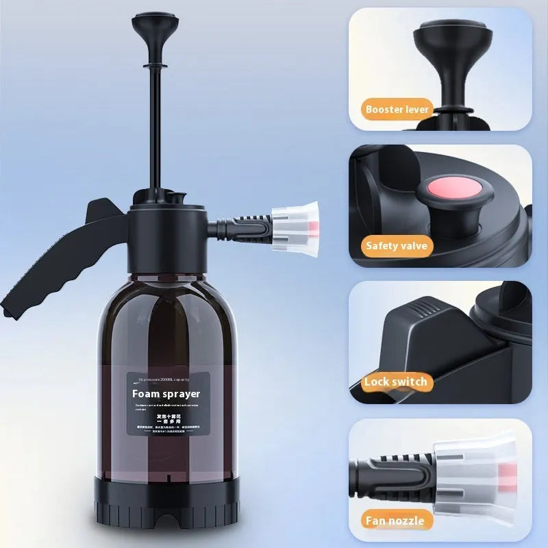 Black hand-held 2 litre spray bottle with two nozzles for garden watering and car washing