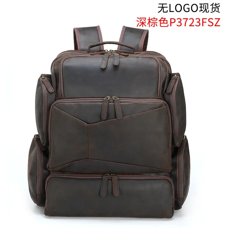 Dark brown retro genuine leather backpack for men with a 17-inch laptop compartment.