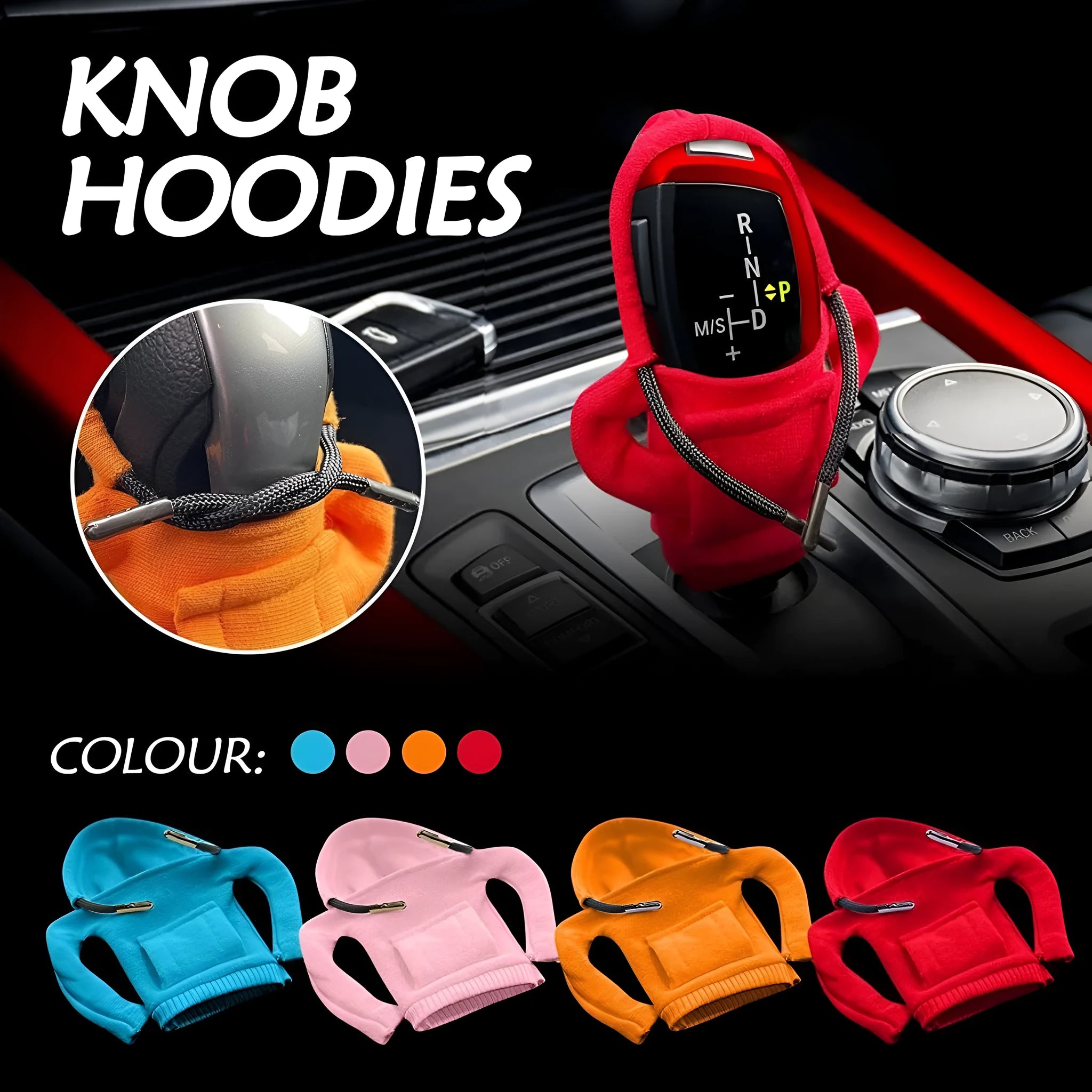 Gear shift knob hoodie cover in multiple colours showing 13x8cm cloth construction for manual and automatic cars
