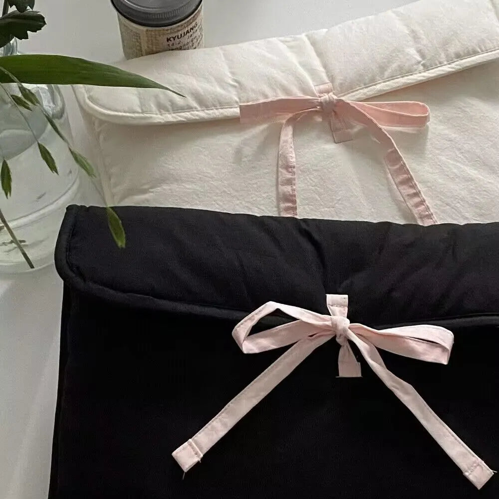 Women's black and white quilted computer bag with ballet bow and striped pattern for 11-inch or 13-14 inch laptops