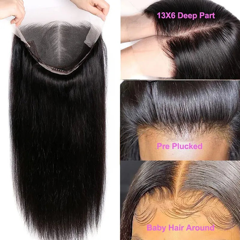 A straight, Black human hair wig with a 13x6 lace front, shown in a long length.