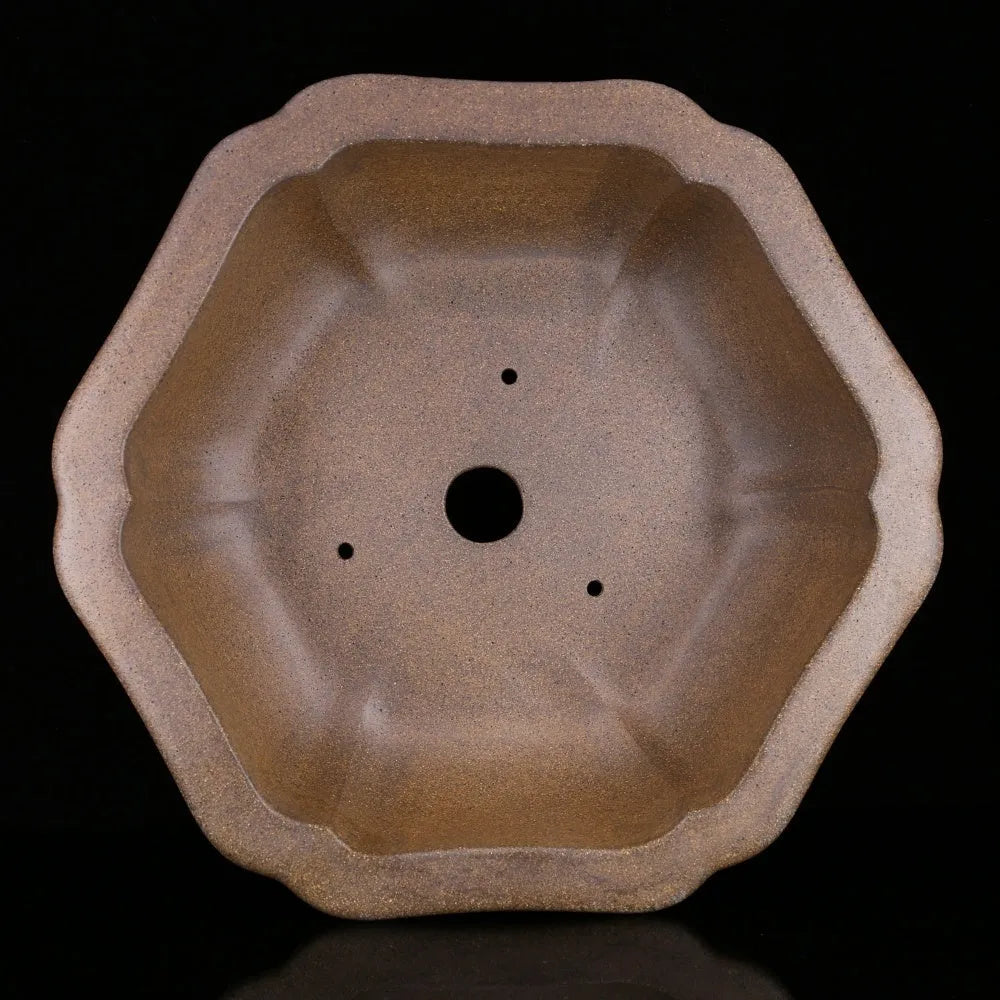 Handmade purple sand bonsai pot with hexagonal shape and Taiwan pine decorative motif