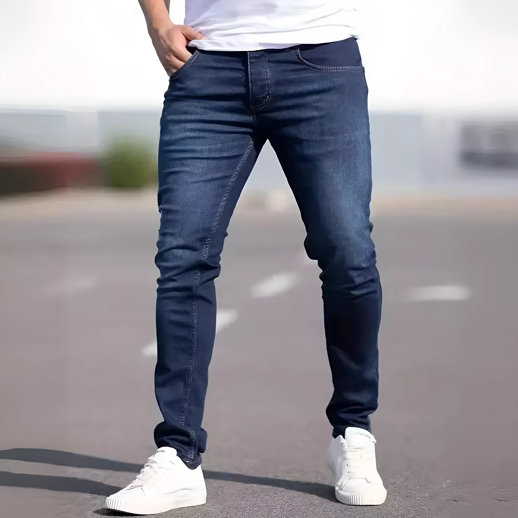 Men's dark blue slim jeans with medium elastic cotton fabric and skinny leg style