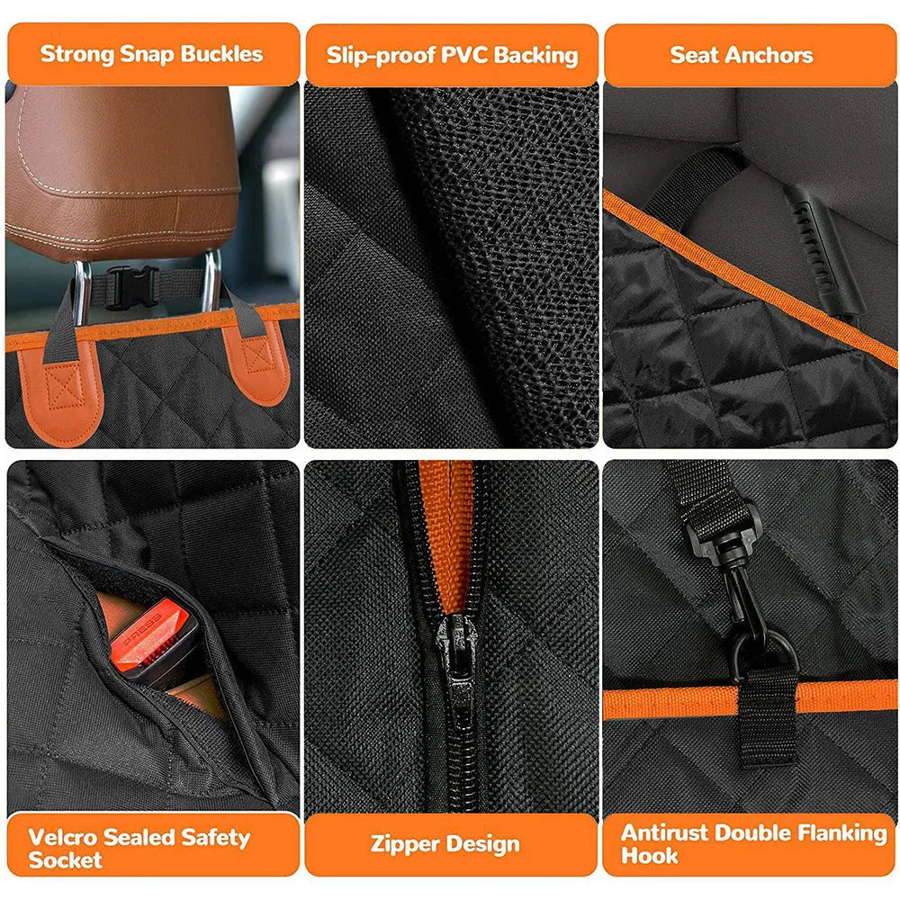 Black and orange waterproof dog car seat cover shown converted into a hammock on a rear car seat.