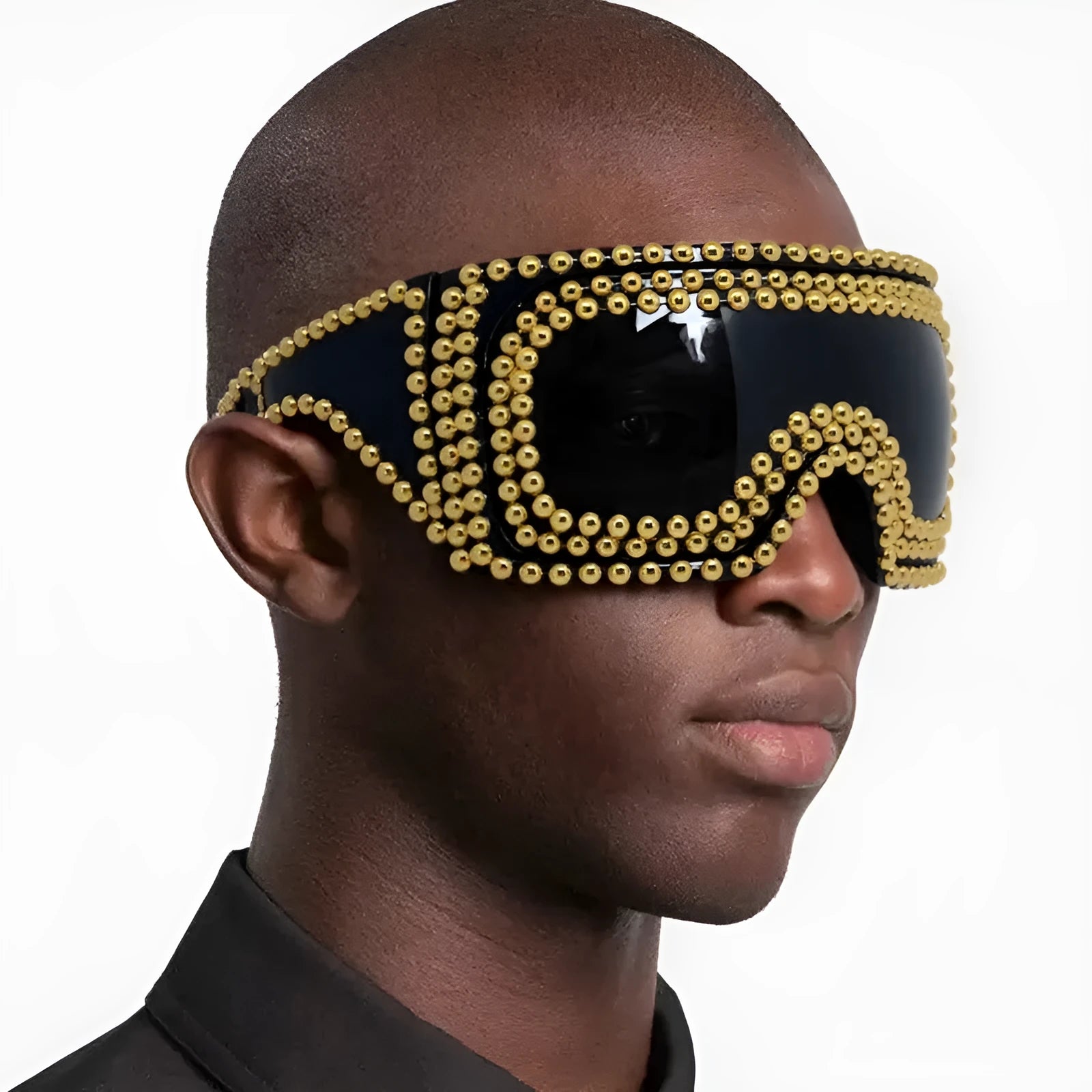 Men's punk style sunglasses with super large square rims and rivet detailing in gold colour