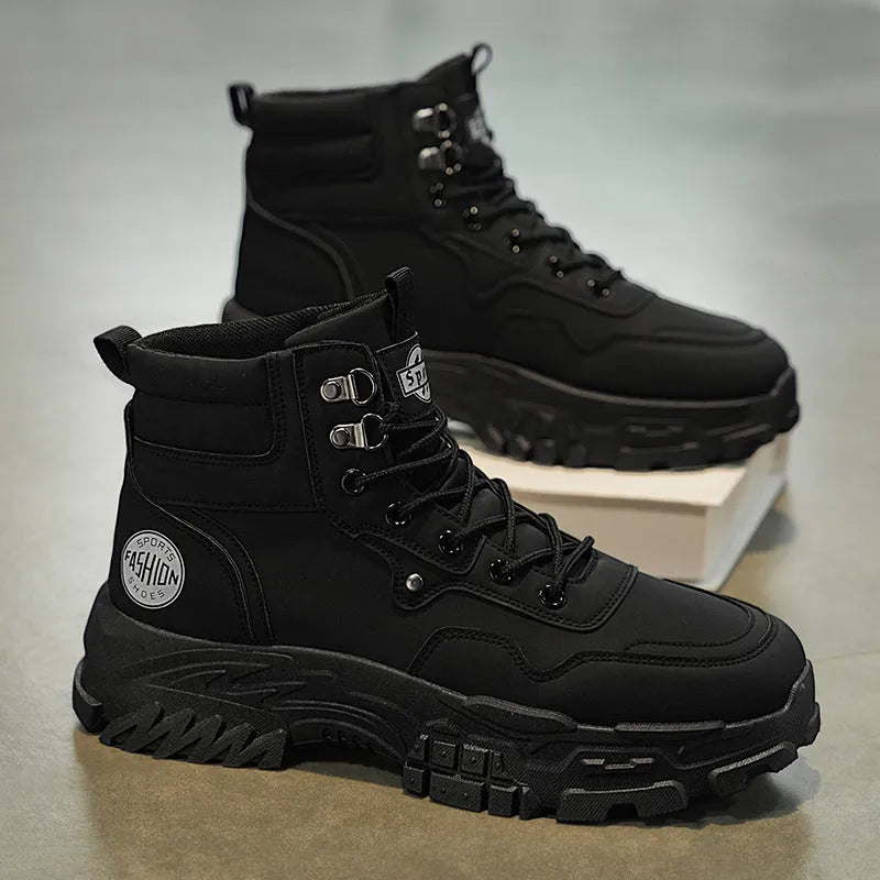 Men's black and yellow Martin boots with PU upper and injection moulded sole