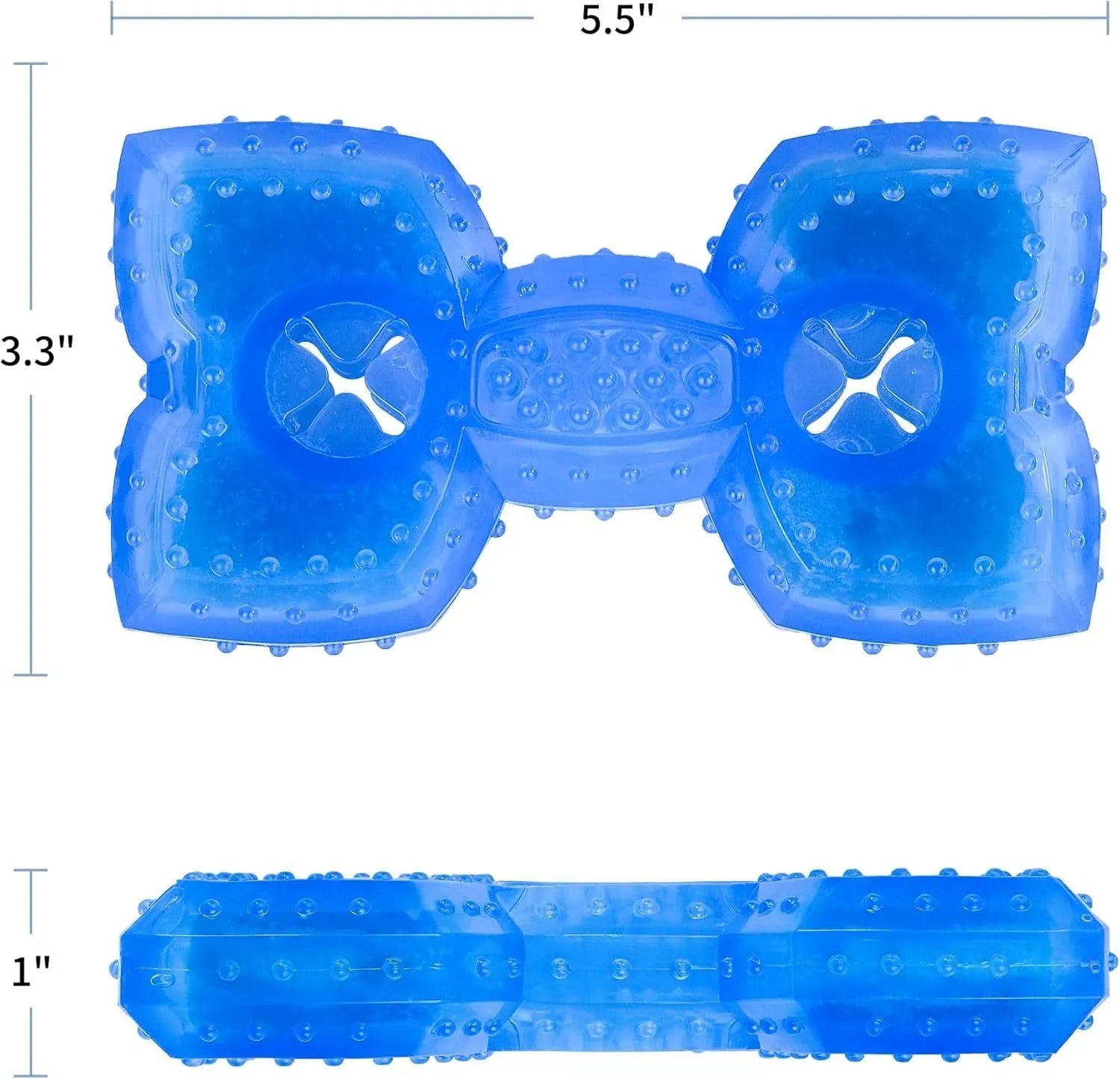 Freezable bone-shaped and circle-shaped dog chew toy for cooling and teething relief.