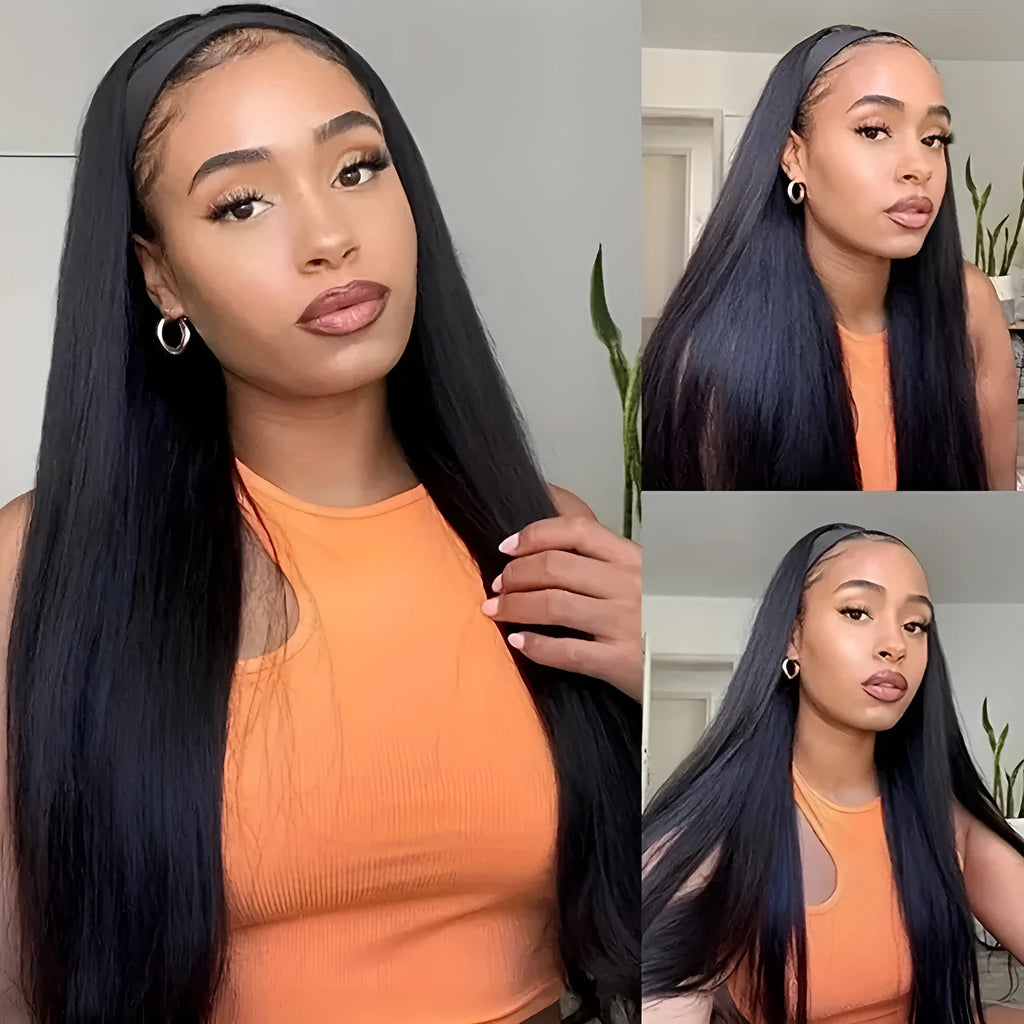 Headband wig in high temperature fibre showing black straight, black curly, and wine red colour options