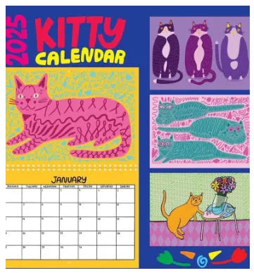 Cat themed wall calendar for 2024 or 2025, showing full year layout on paper.