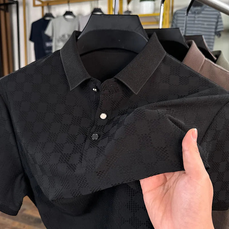 Rhombus pattern thin ice silk short sleeve t-shirt in black, showing split hem design detail.