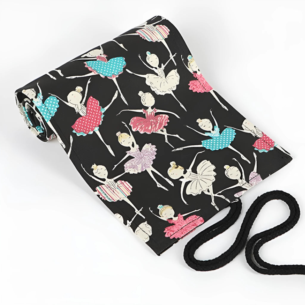 Square canvas rolling pencil case with ballet girl print, shown in multiple hole capacity sizes.