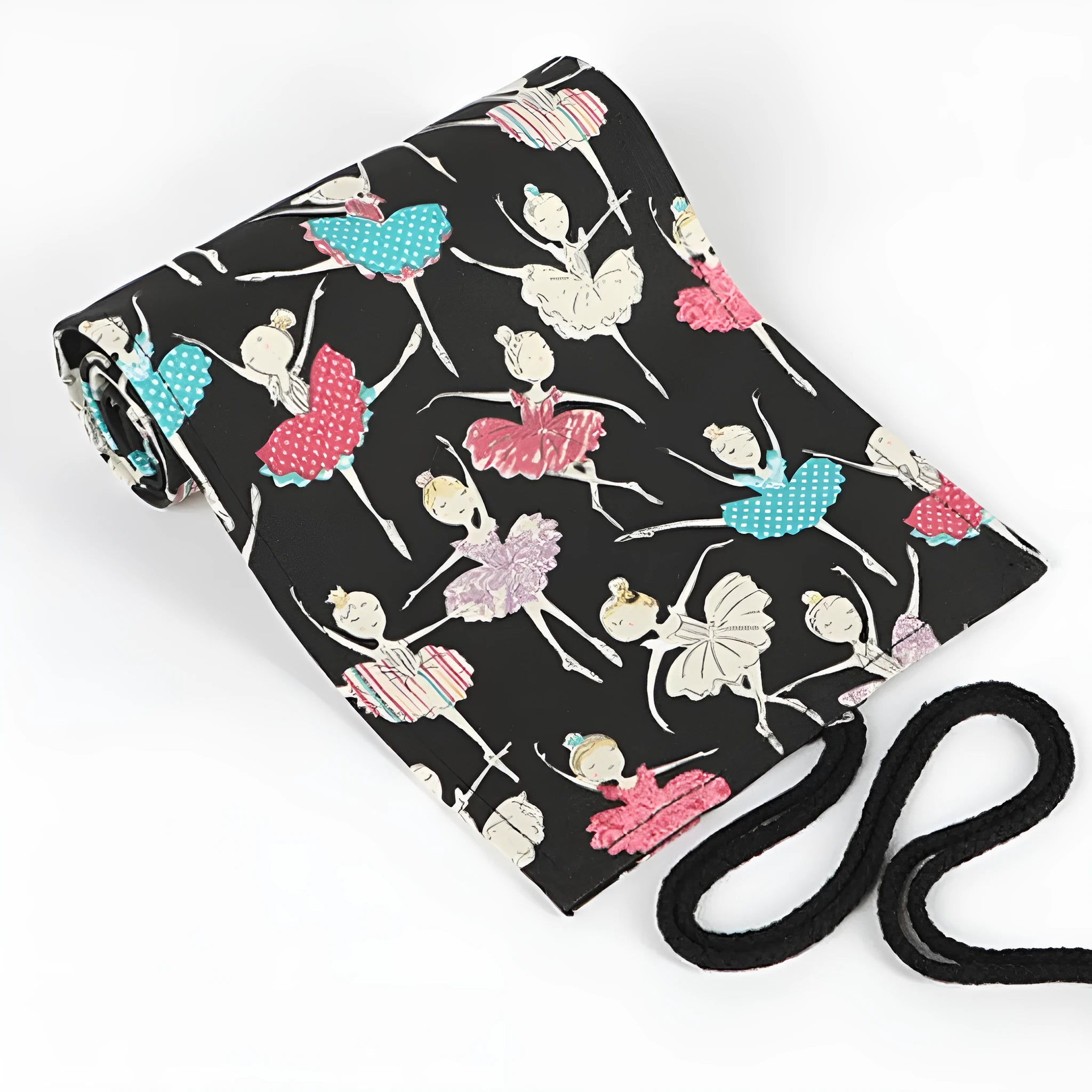 Square canvas rolling pencil case with ballet girl print, shown in multiple hole capacity sizes.