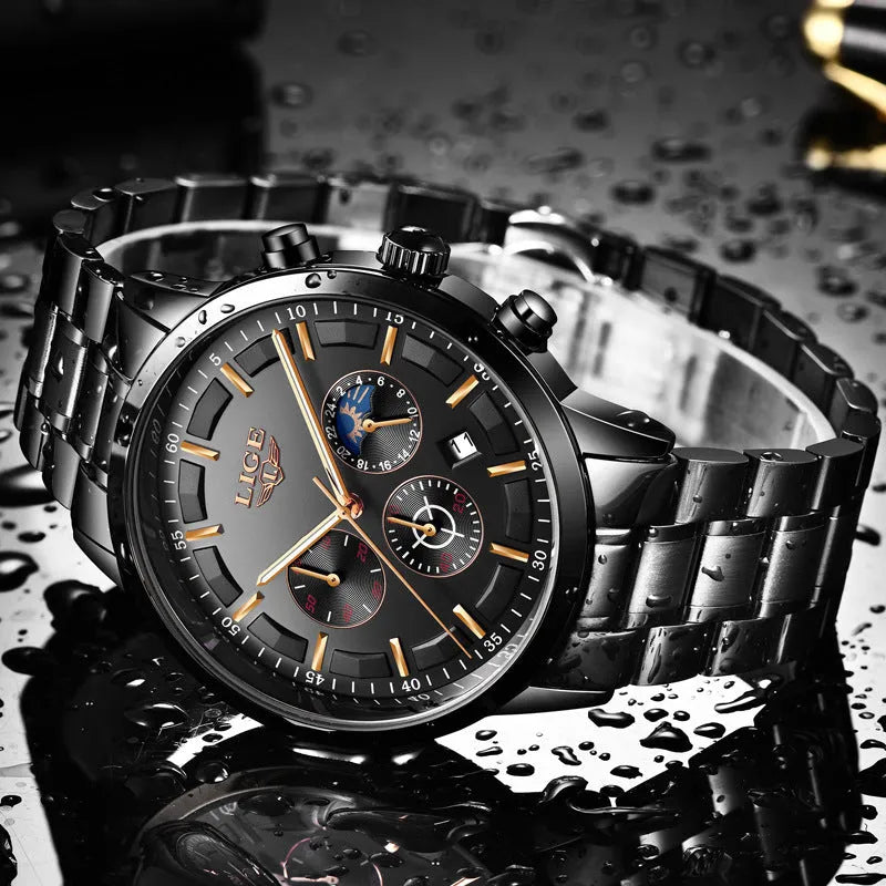 Men's waterproof moon quartz sports watch 12mm thickness black and rose red gold face
