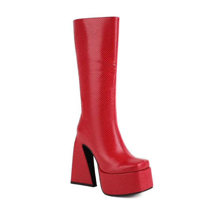 Women's black artificial PU leather high boots, casual style, shown from the side.