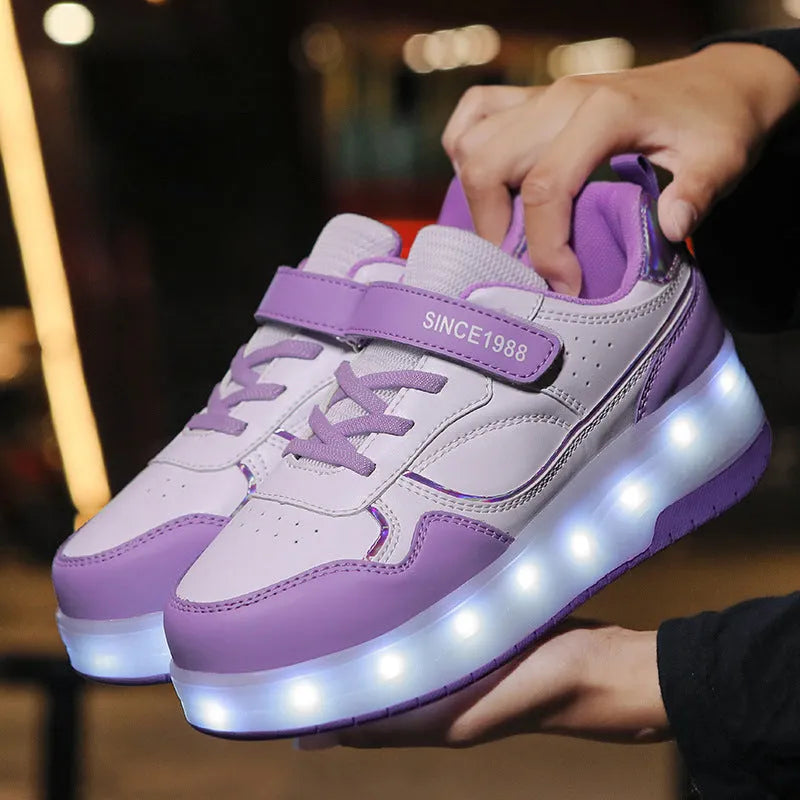 LED roller skates with flashing wheels in multiple colours including black, white, pink and purple options