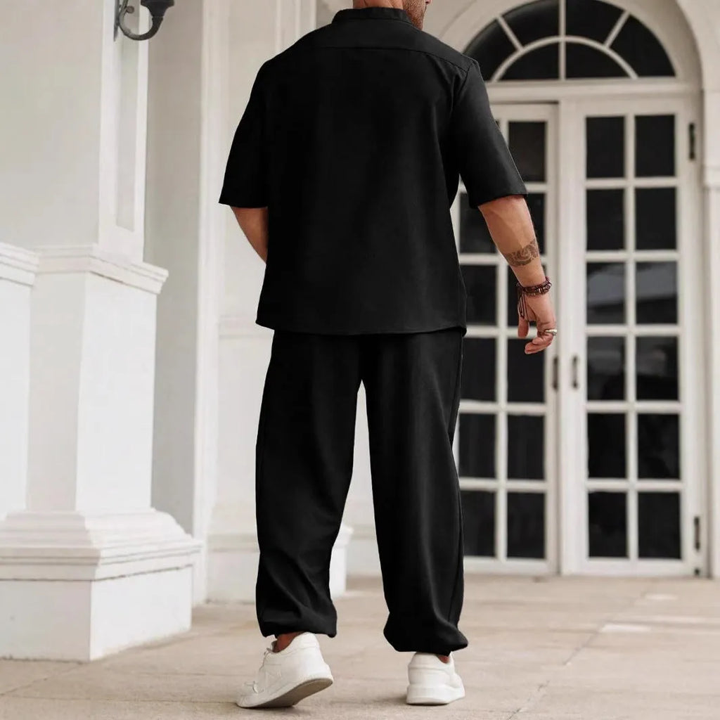 Men's casual cotton linen trousers set with short-sleeved shirt in apricot colour