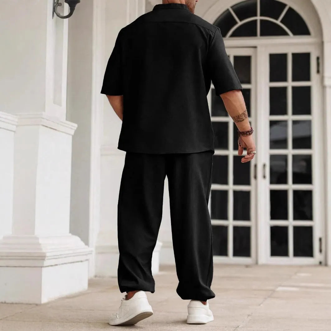 Men's casual cotton linen trousers set with short-sleeved shirt in apricot colour