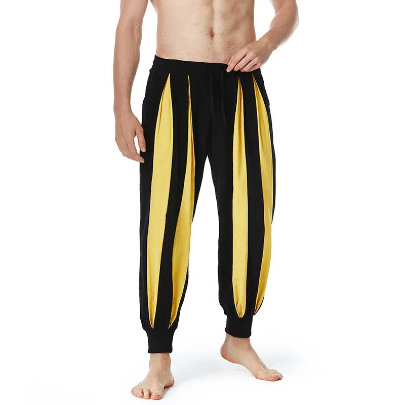 Men's straight-leg casual trousers in red, khaki, yellow, and brown colours on a size chart background.