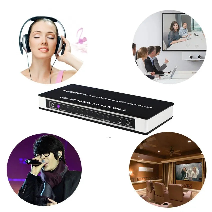 Black HDMI audio video switch unit with remote control for four input sources.