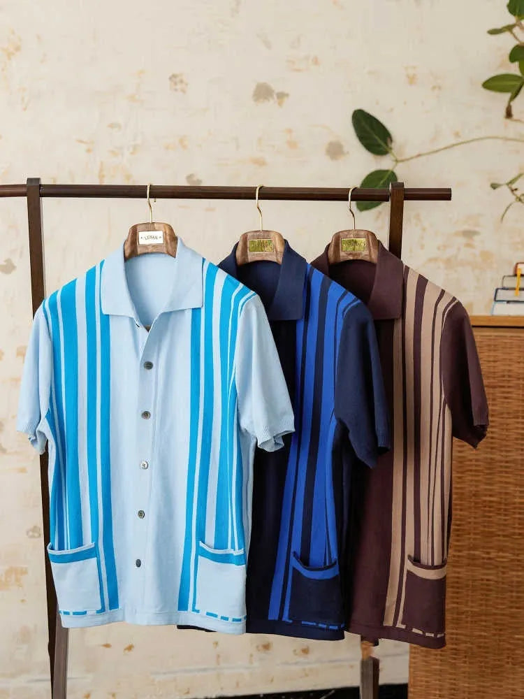 Cotton striped short-sleeved knitted cardigan polo shirt with lapel collar in light blue colour