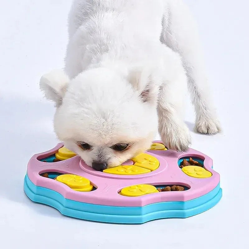 Blue dog puzzle toy bowl with food searching compartments for interactive feeding game