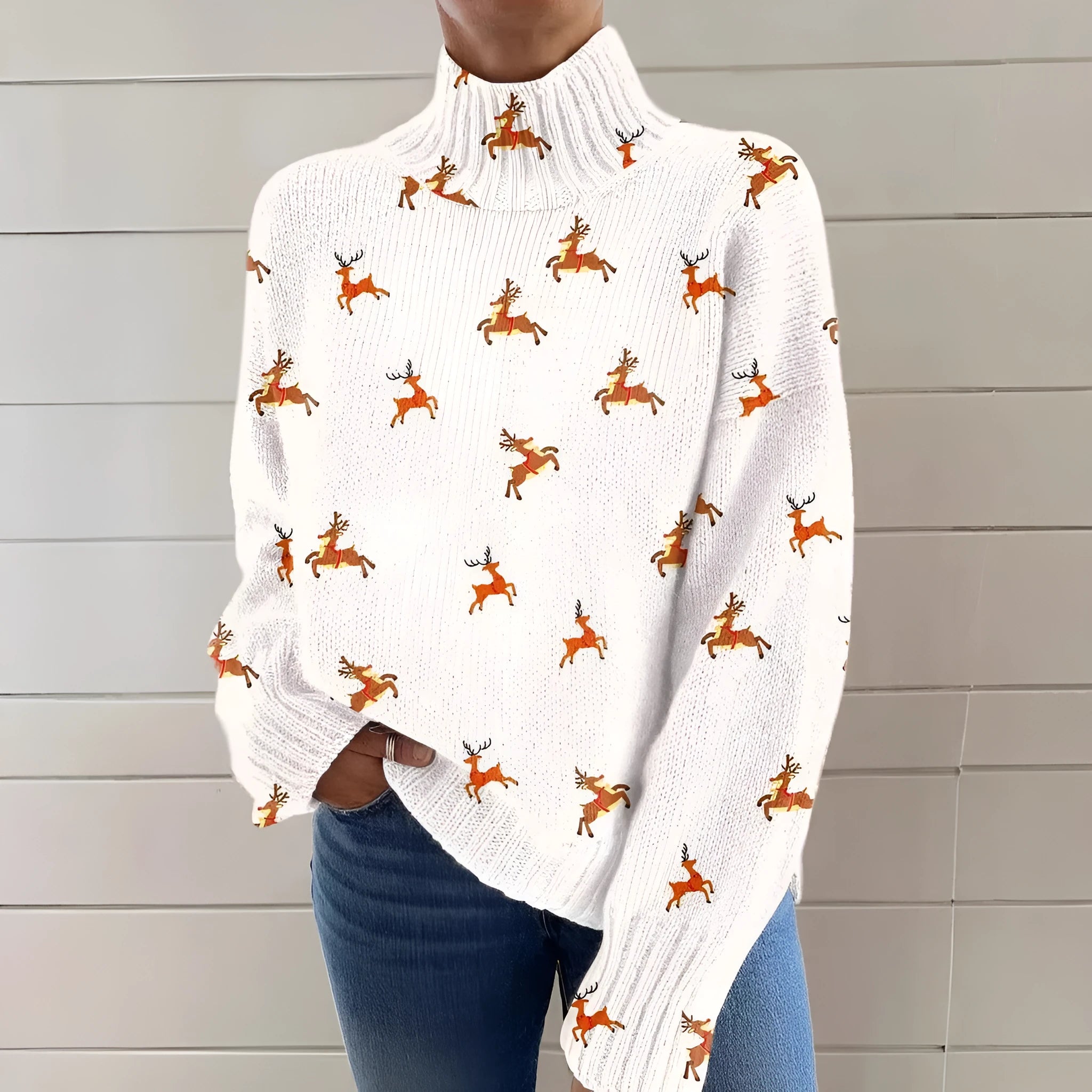 Women's Christmas printed turtleneck sweater in macaron colour with painting pattern design