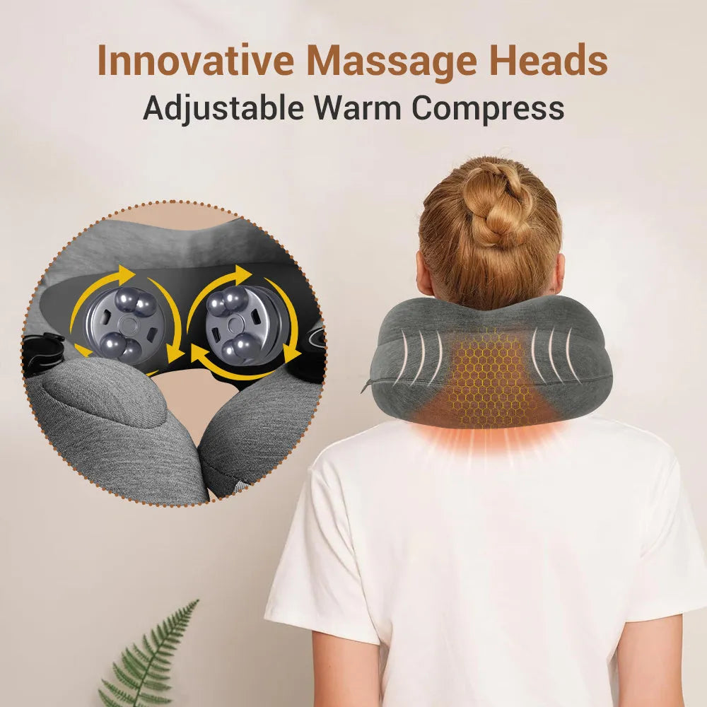 Gray inflatable U shape neck massager pillow with kneading massage modes and travel carry bag