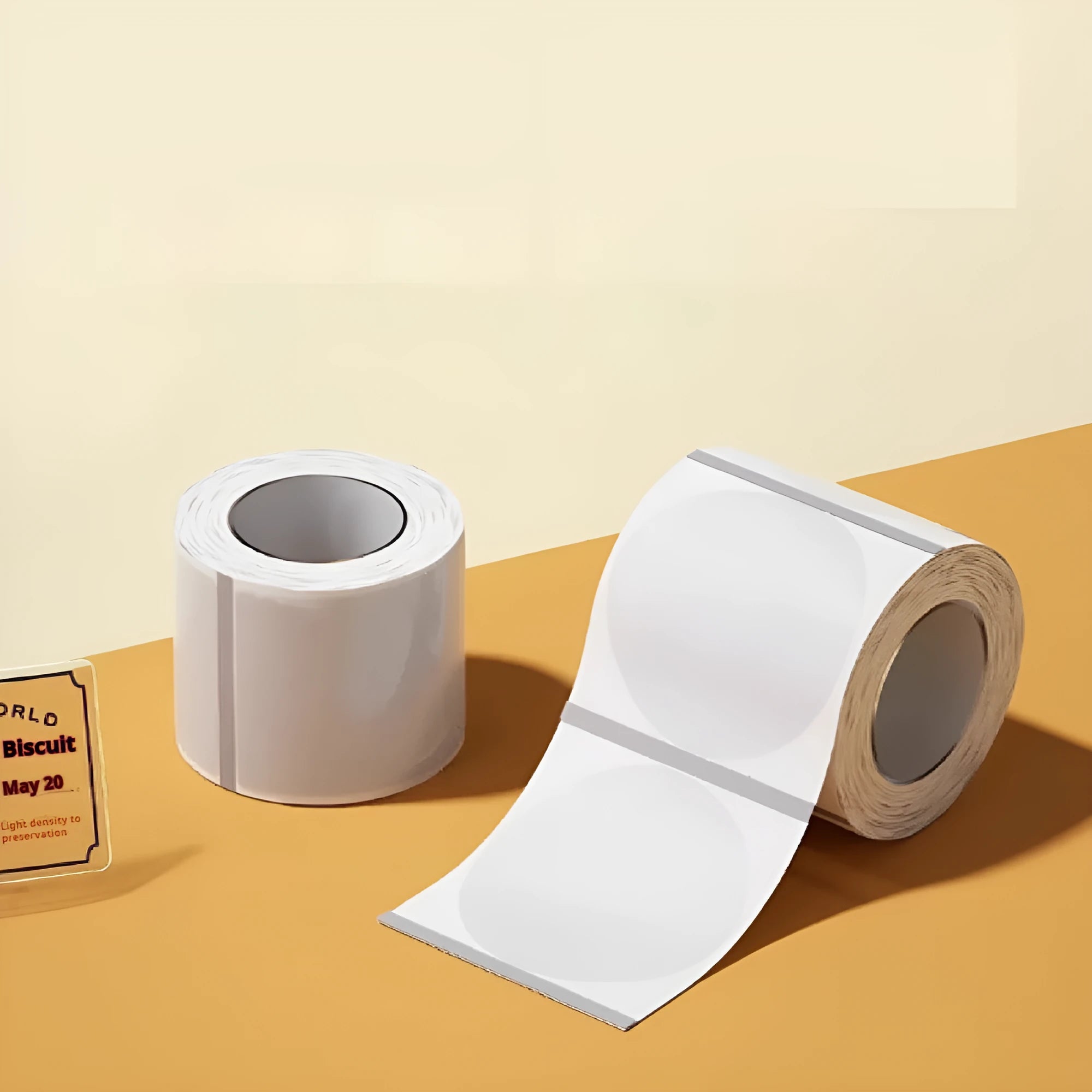 Roll of transparent waterproof adhesive labels showing rectangular and round sizes on thermal synthetic paper.