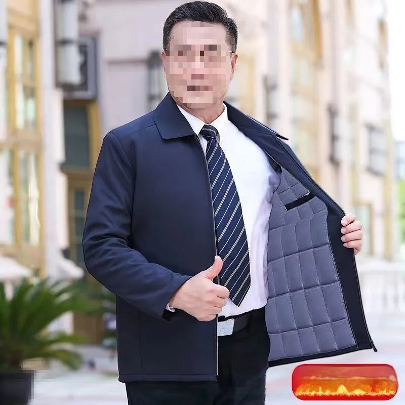Men's padded thick nylon cotton coat in blue with zipper and button closure, Asian size 170-190