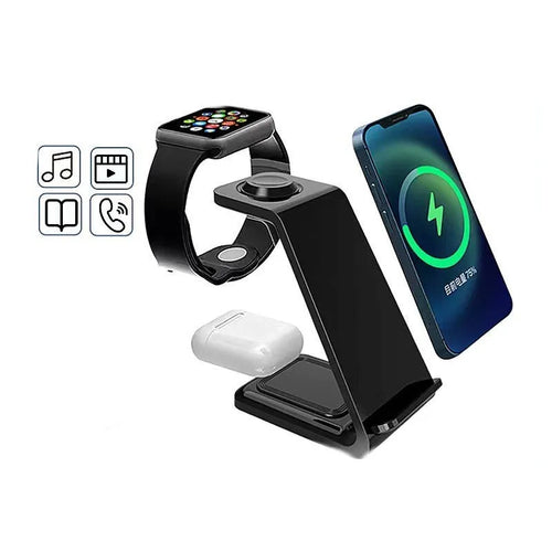 White 3-in-1 wireless charger stand with upright phone holder and dual-coil charging pad