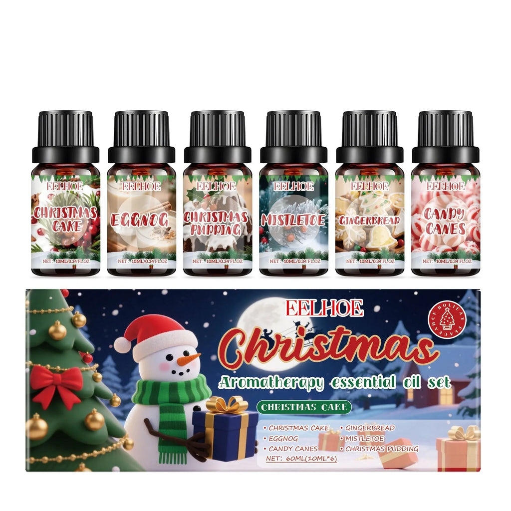 Christmas aromatherapy oil set showing six 60ml bottles and six 10ml bottles for festive home fragrance