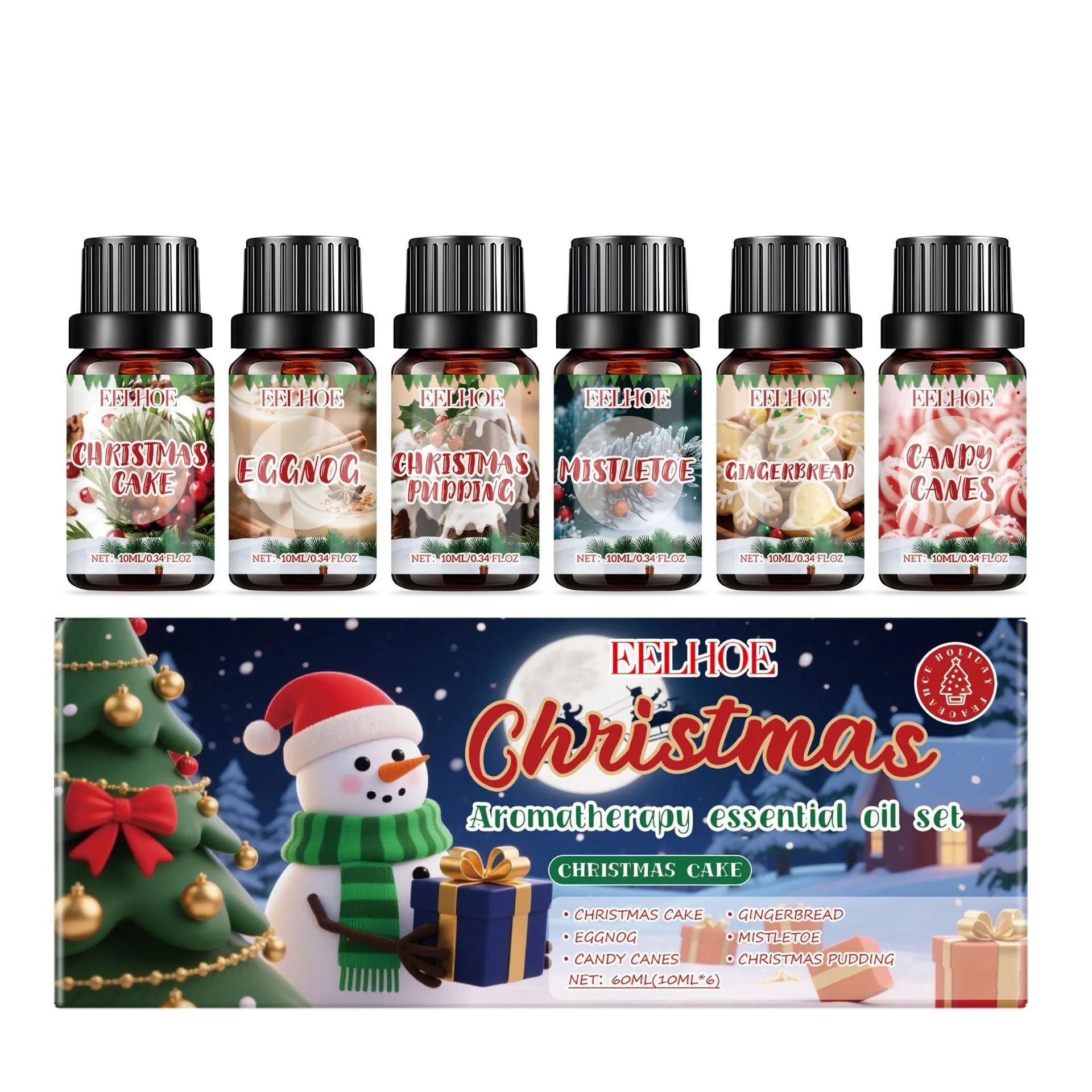 Christmas aromatherapy oil set showing six 60ml bottles and six 10ml bottles for festive home fragrance