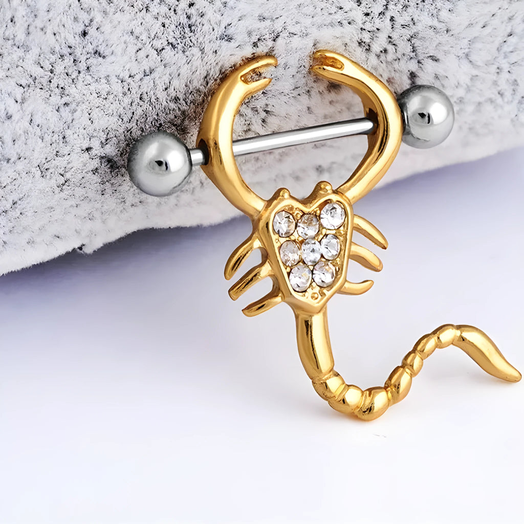 Gold 14g scorpion body piercing jewellery with crystal diamond and 316L steel needle.