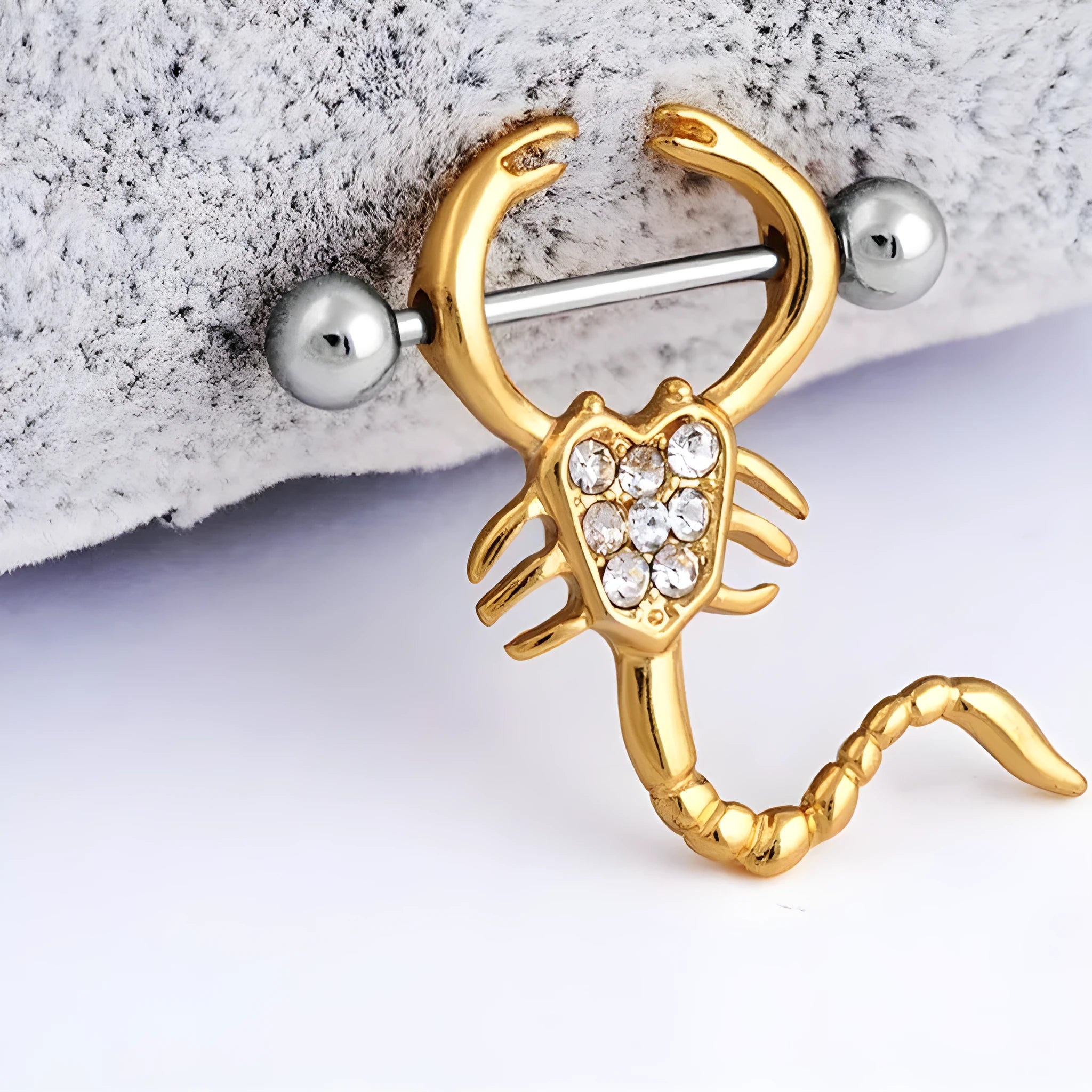 Gold 14g scorpion body piercing jewellery with crystal diamond and 316L steel needle.