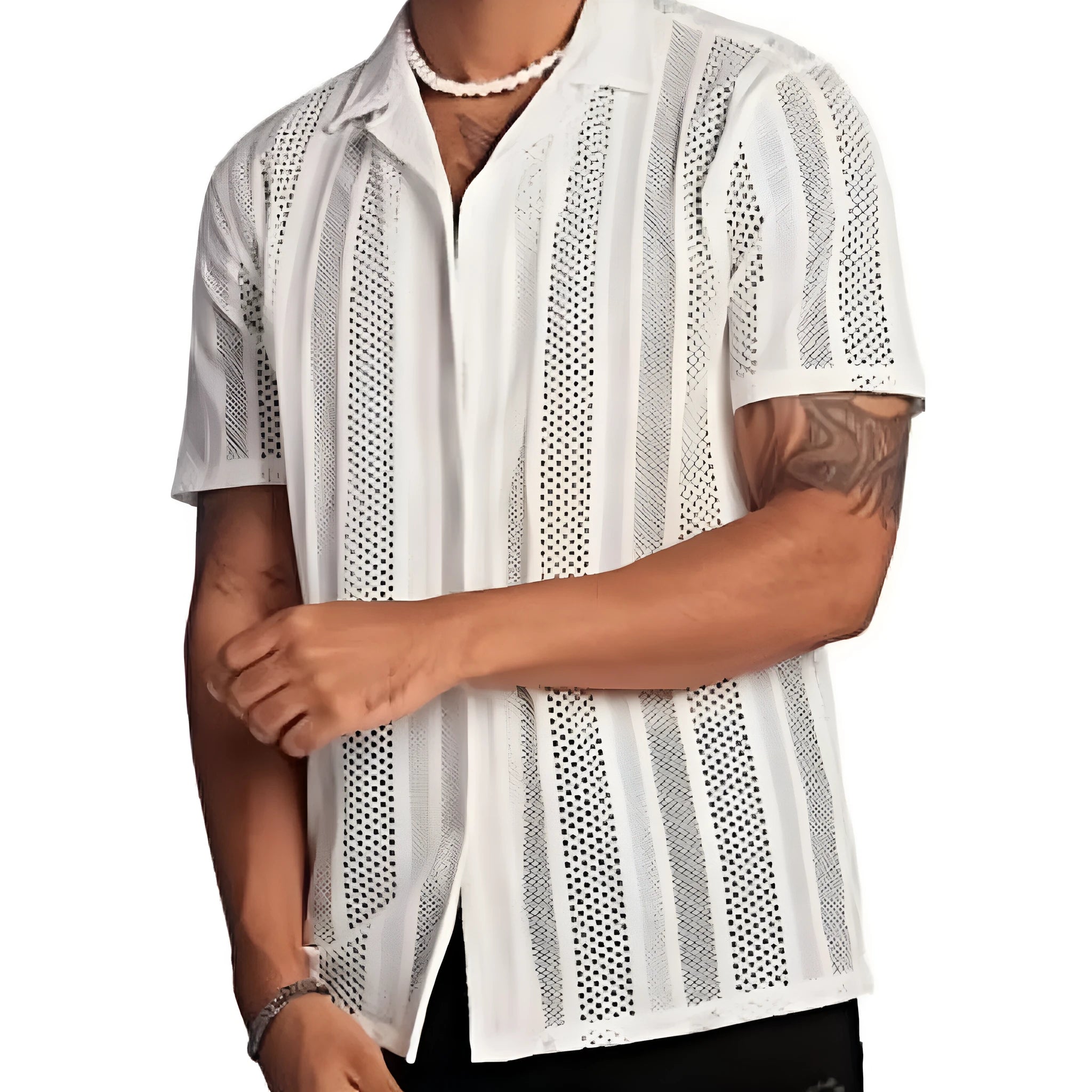 Men's white knitted short-sleeve button shirt with jacquard cardigan street fashion styling